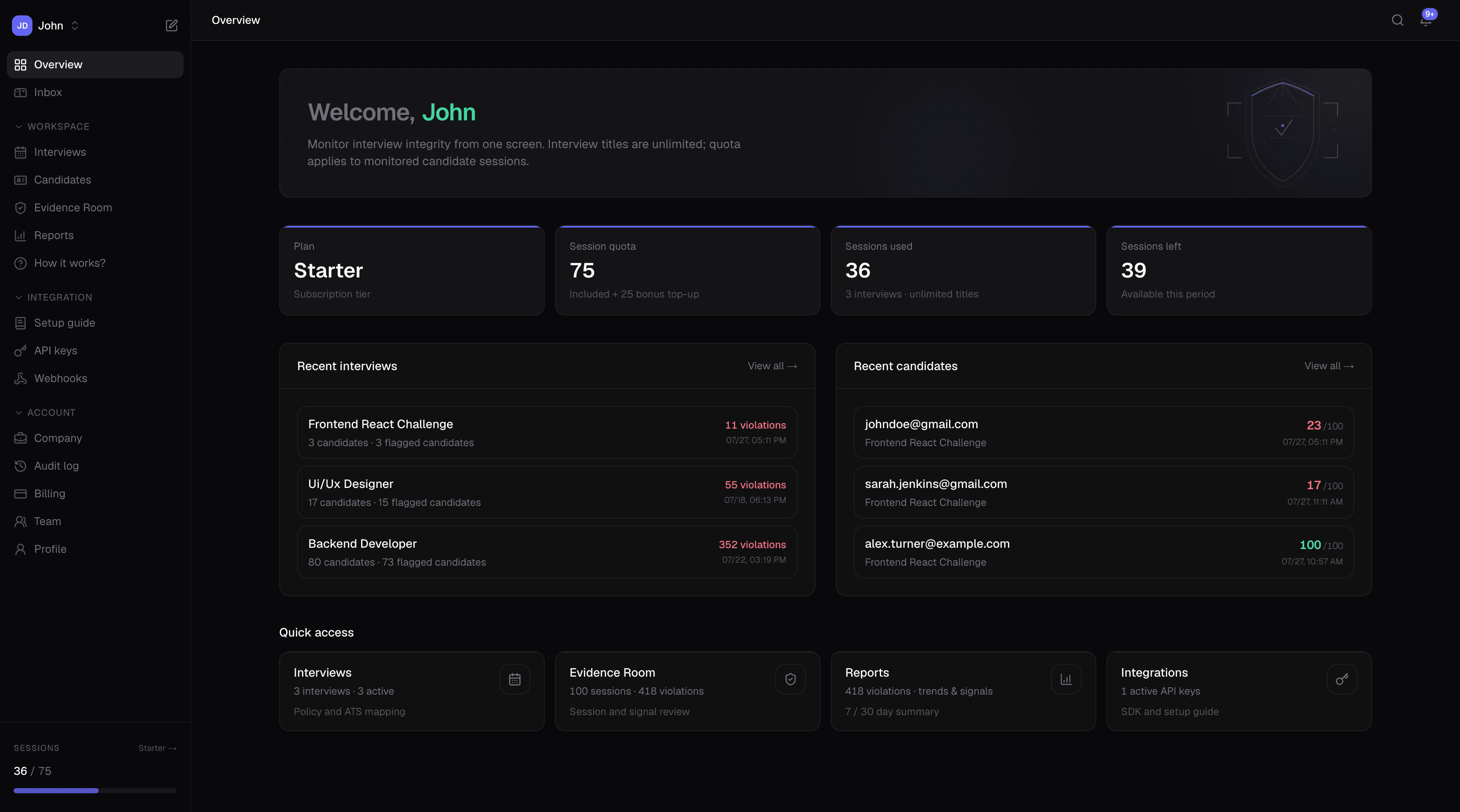 Invigile dashboard overview